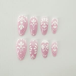 Romantic Pink & White Press On Nails, Artistic Floral Pattern Nails